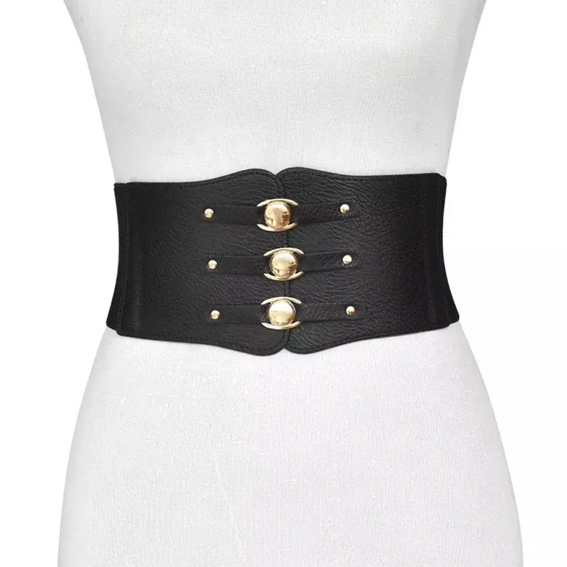Moda feminina cinto largo nova fivela de metal elástica cintura rebite de couro ultra largo cinto elástico para mulher