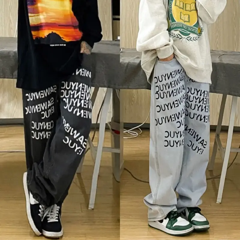 ใหม่ High Street กางเกงยีนส์แฟชั่นพิมพ์ตรงขากว้างขากางเกงผู้หญิงคาร์โก้ Streetwear ผู้หญิงกางเกงยีนส์ Y2k กางเกง