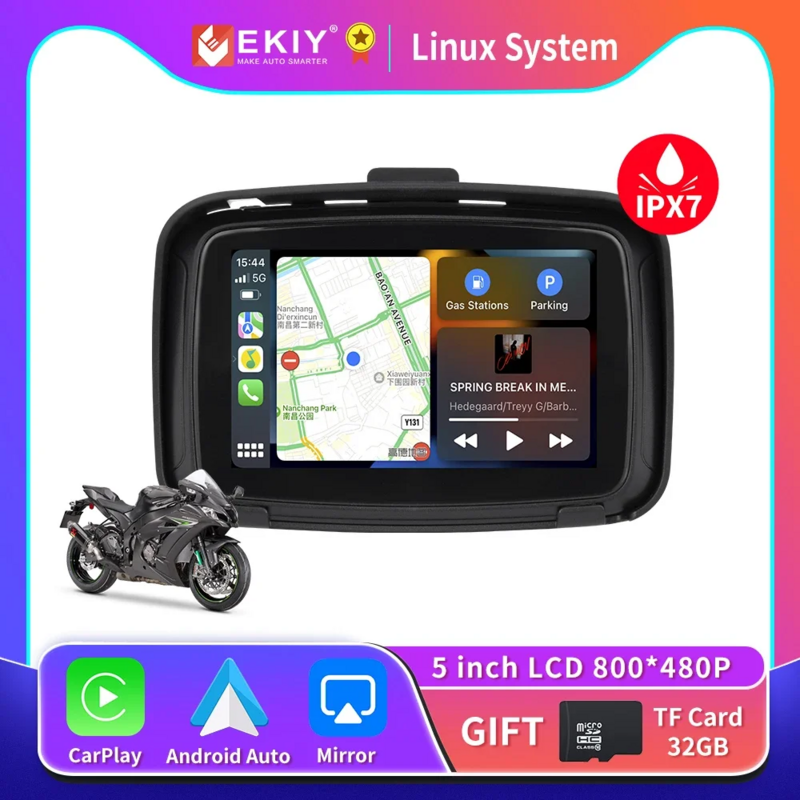 Ekiy จอติดรถยนต์ระบบนำทาง GPS มอเตอร์ไซค์, หน้าจอแสดง Apple กันน้ำ IPX7รถจักรยานยนต์แบบพกพาจอภาพรถยนต์ระบบแอนดรอยด์ไร้สาย