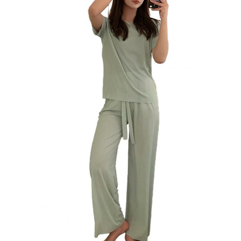 summer outfits for women 2023 O-neck Short Sleeve Ice Silk T-shirts Drawstring Wide Leg Pants Loungewear Set conjuntos cortos