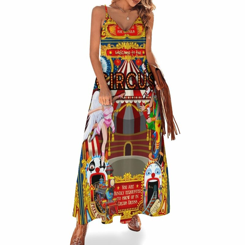 카니발 서커스 놀이 가족 테마 공원 일러스트 민소매 이브닝 드레스, 여성 의류, 2023 신상