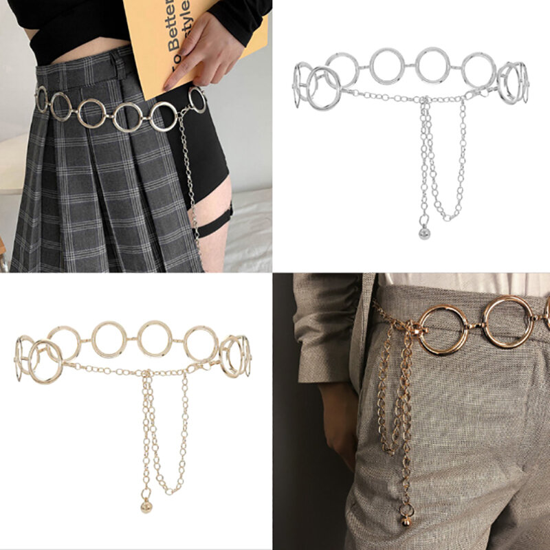 Sabuk rantai logam wanita, ikat pinggang dekorasi cincin logam besar, tali pinggang rok mantel