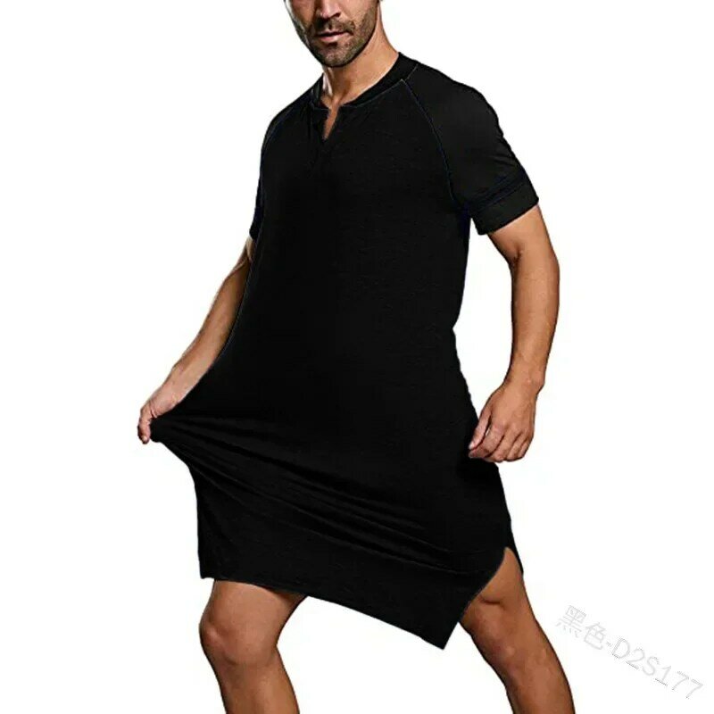 Мужская Ночная рубашка в стиле пэчворк, однотонная одежда для сна, мужской халат с коротким рукавом, свободный халат с V-образным вырезом