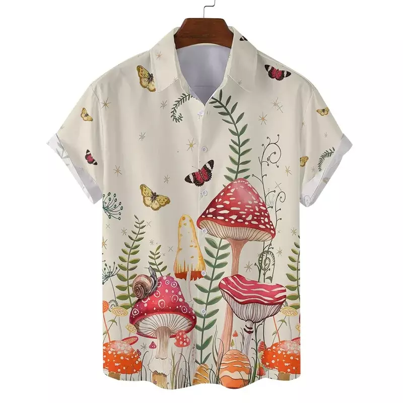 Colorful Mushroom 3d Print Hawaiian Shirt Men Summer Vacation Shirts Button Lapel Short Sleeve Street Beach Aloha Shirt Clothing