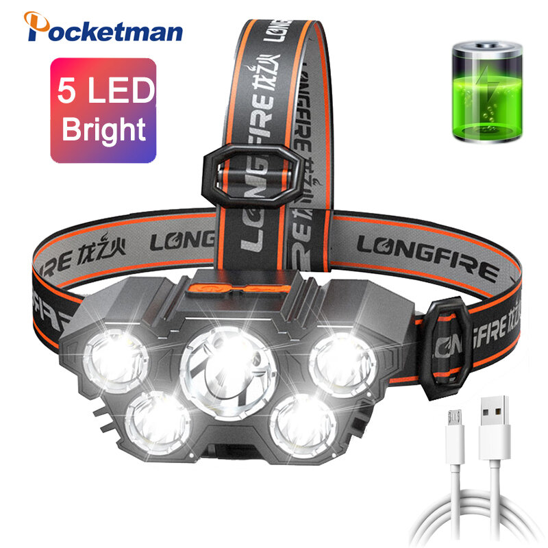 Poderoso farol de 5LED com 3 modos de comutação, farol super brilhante, lâmpada principal impermeável, luz dianteira, lanterna para camping