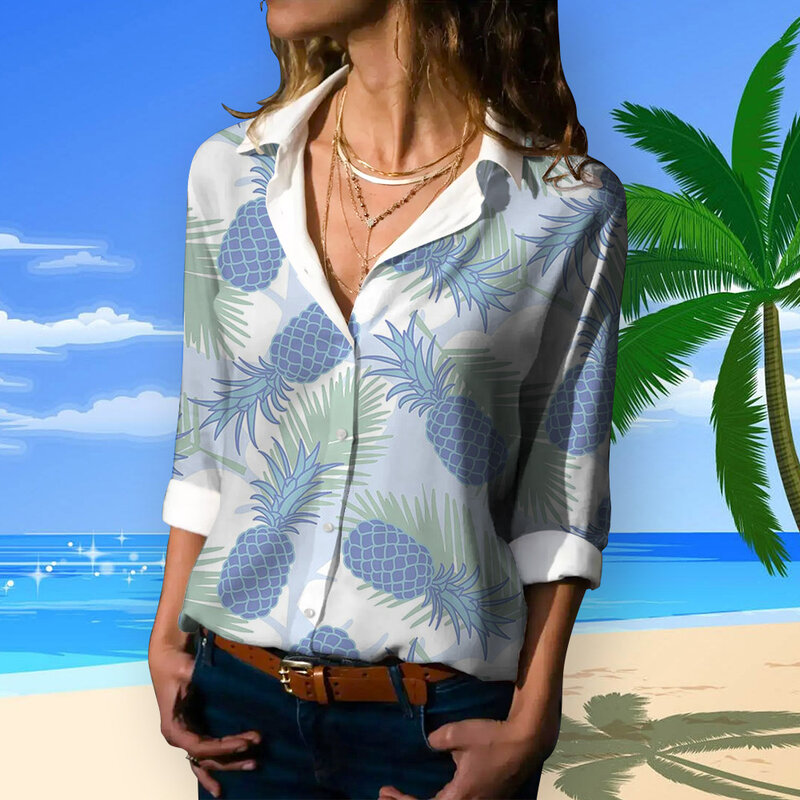 3D Ananas gedruckt neue Langarm Tops trend ige Streetwear Sommer Knopf Shirts Vintage Hawaii-Stil Revers Shirts für Frauen
