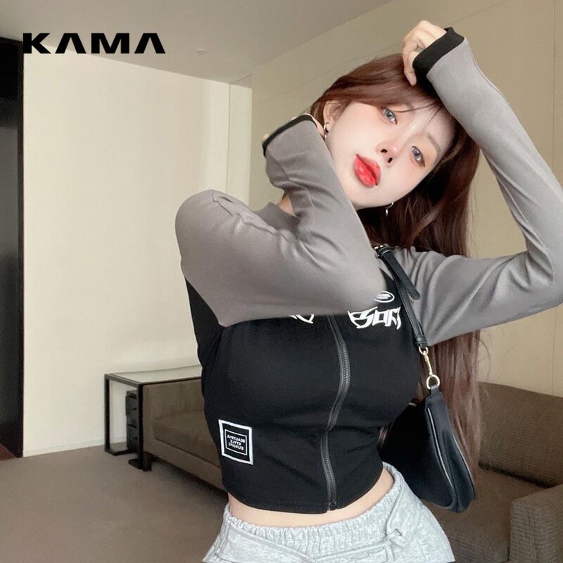 KAMA-Camiseta Vintage Y2K para mujer, Top corto de manga larga con cuello redondo, moda coreana Vintage, camisetas con cremallera, ropa de calle