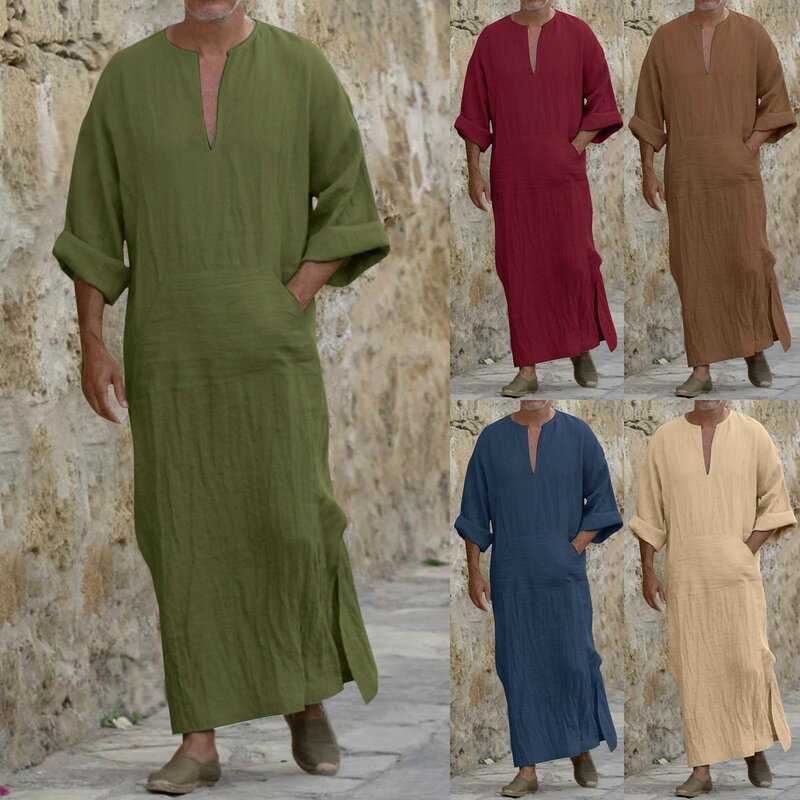Men's Muslim Robe V-neck Casual Cotton/Linen Pockets Loose Long Sleeve Vintage Arab Ethnic Islamic Dress Male Jubba Thobe