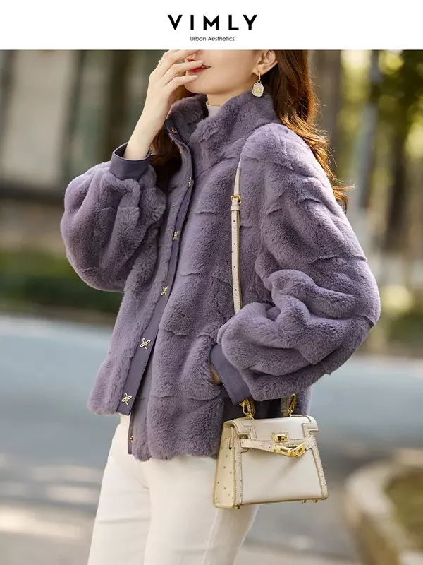 Vimly 여성용 인조 모피 코트, 푹신한 재킷, 2023 럭셔리 패션, 따뜻한 하이넥 단추 짧은 코트, 여성 의류, 50326