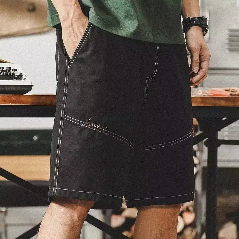 Calção de carga masculino com corda de desenho, calça de botão sólido, streetwear vintage, moda casual elegante, novo em 2021