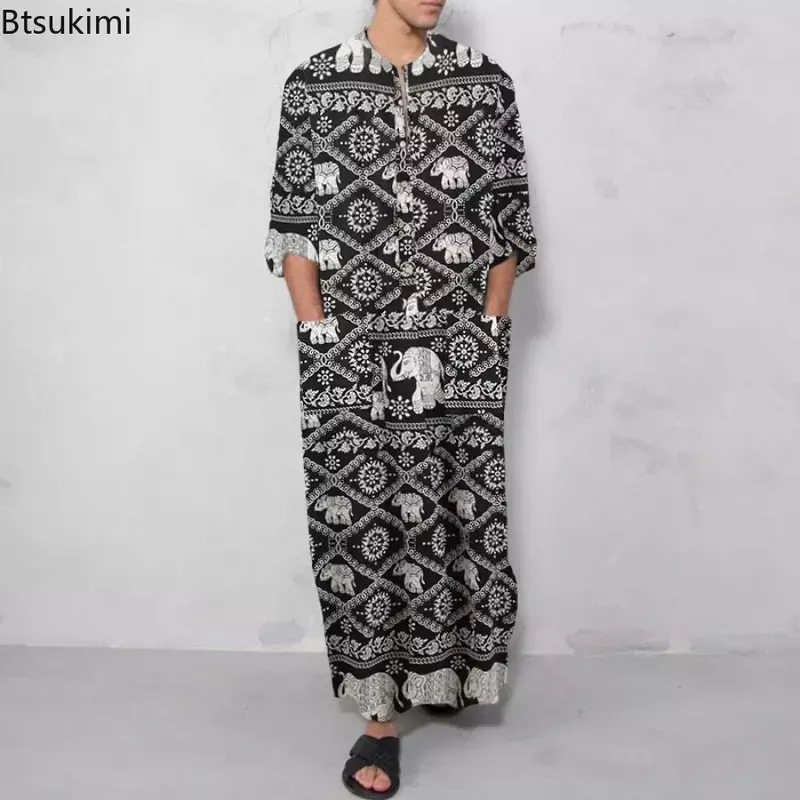 Mannen Nachtjapon Gewaden Arabische Gestreepte Shirt Etnische Kleding Lange Mouwen Retro Kimono Huis Rok Katoen Badjas Lingerie S-5XL