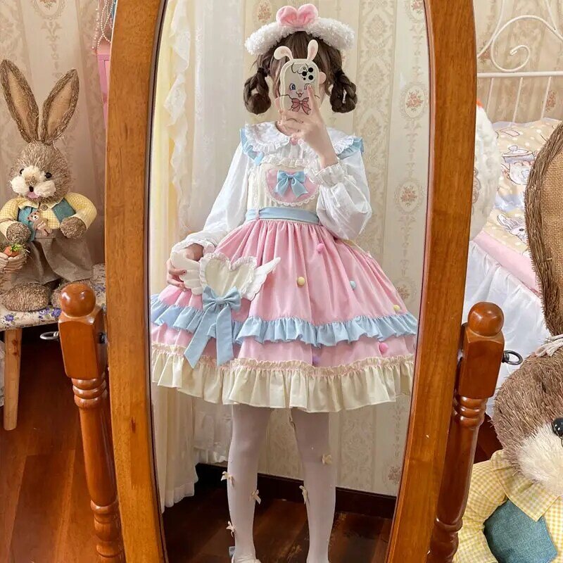 Falbany Kawaii Lolita Cosplay miękka siostrzana sukienka śliczna kokardka różowa niebieska sukienka JSK muszka imprezowa sukienka księżniczki