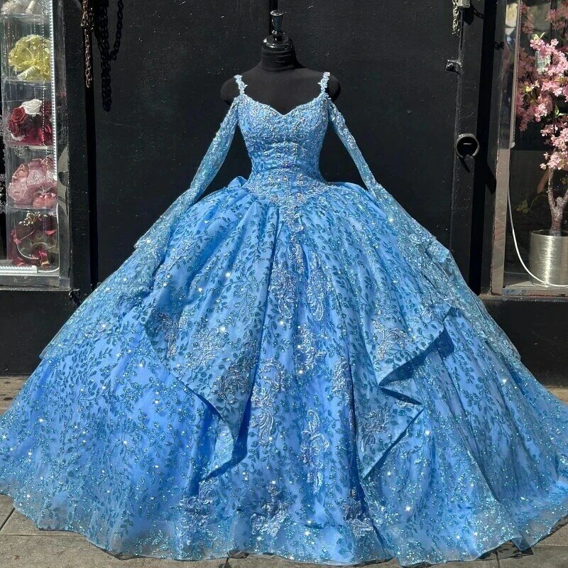 ชุดเดรสเจ้าหญิงสีฟ้าสำหรับชุดไปงานเต้นรำอ่อนหวานมีลูกไม้แสนหวาน16เดรสเดรสแม็กซิกัน