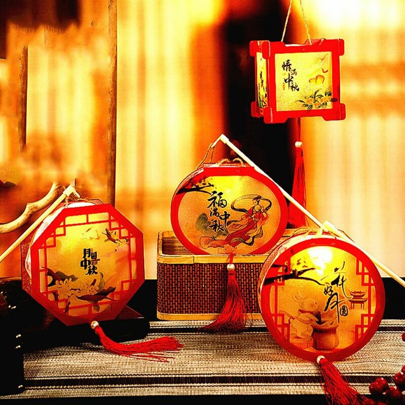 Lentera plastik bercahaya portabel, lentera Festival genggam DIY, lentera menyala gaya tradisional Cina