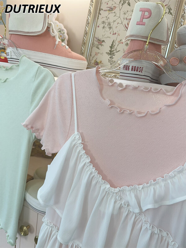 얇은 크루넥 보터밍 셔츠, 반팔 슬림핏 이너 웨어, 러플 탑, 귀엽고 귀여운 소녀 단색 티셔츠, 여름