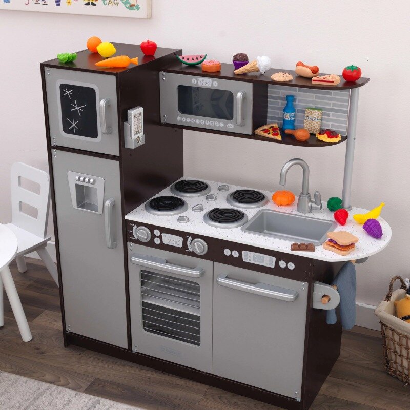 Uptown Wooden 30-Piece Play Kitchen for Kids, Black and Silver