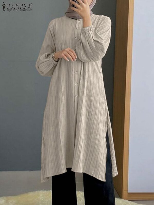 ZANZEA camisa con dobladillo dividido para mujer, Blusas de fiesta de vacaciones, ropa islámica de Dubái, Tops largos de trabajo sólidos de manga larga elegantes, moda de otoño