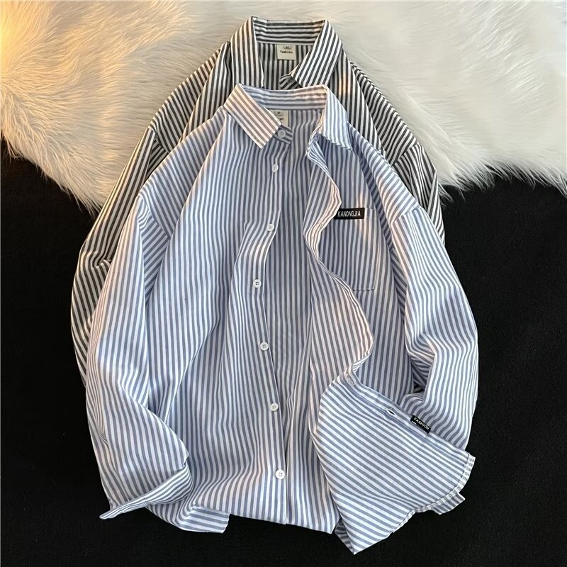 Flat striped long sleeved shirt for boys, autumn loose Japanese vintage top, trendy brand shirt jacket