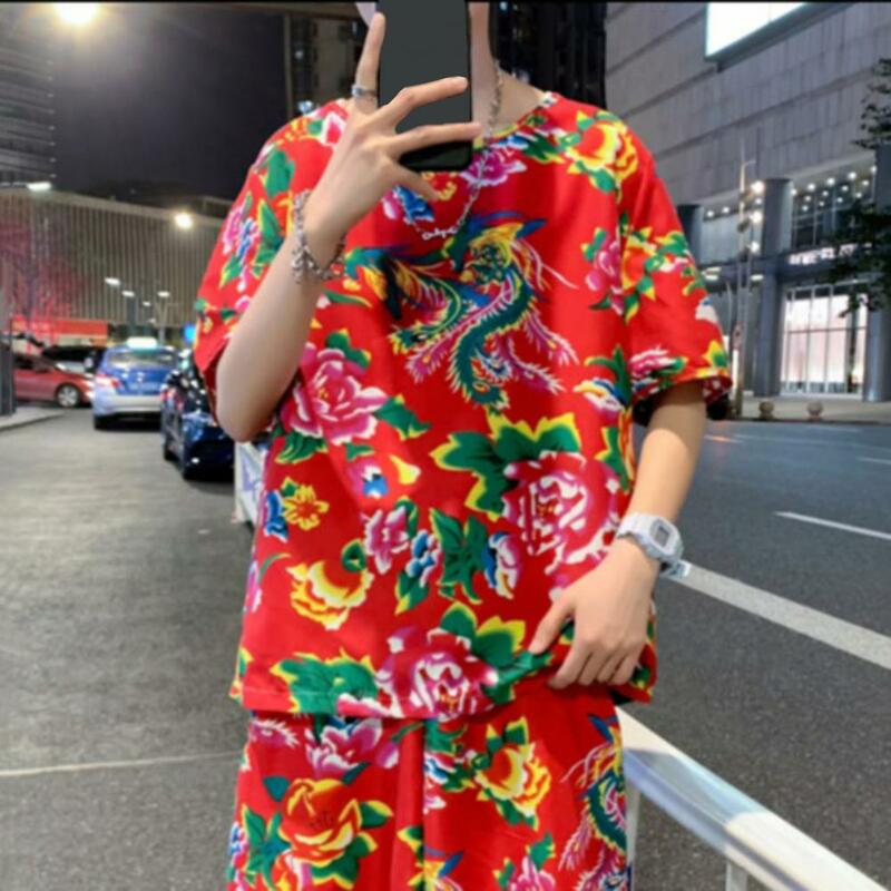 Retro Print Pajama Set Chinese Ethnic Style Men's Floral Print Outfit Set with O-neck Short Sleeve Top Wide Leg Shorts for A