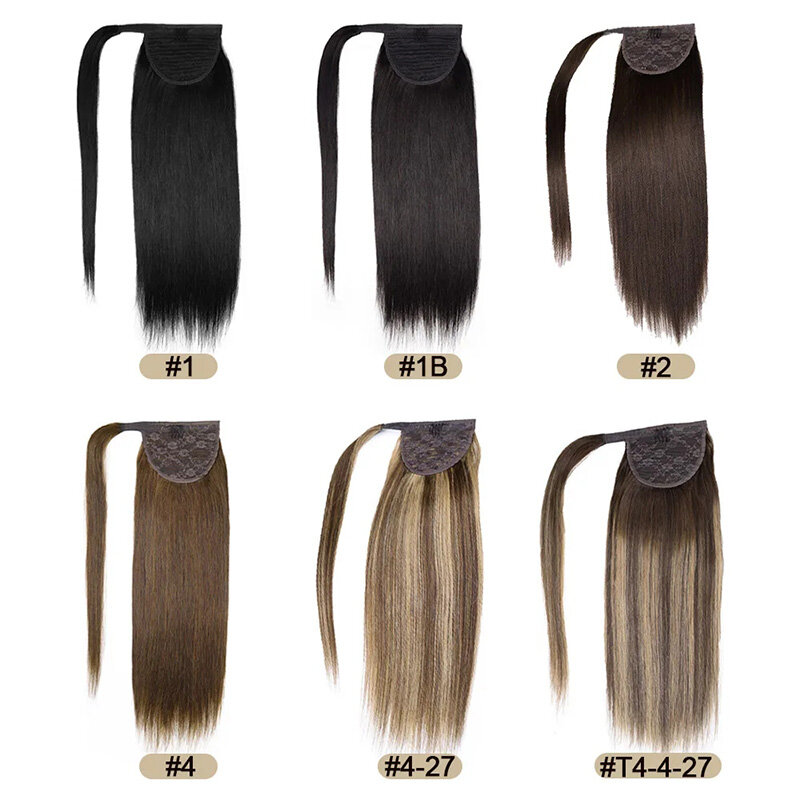 Ponytail Hair Extensions Human Hair Magic Paste Invisible Ponytail Hair 14-22Inch #4/27 Dark Brown Highlight Caramel Blonde