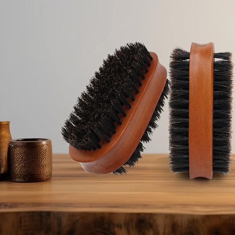 Sikat rambut bulu babi hutan pria, sikat gelombang kayu alami untuk sikat rambut jenggot pria, sikat jenggot dua sisi serbaguna