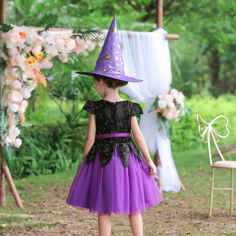 3-12Y Girls Halloween Witch Cosplay Costume Masquerade Theme Party Sorceress Roleplay Dress Velvet Mesh Tutu with Pointed Hat