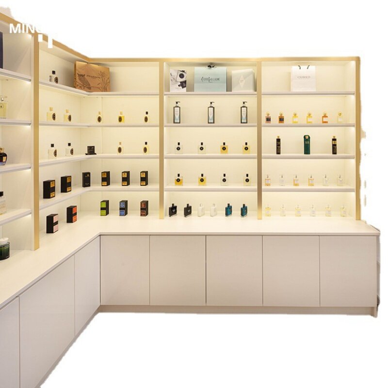 Vitrina de cosméticos personalizada para salón de belleza, productos personalizados para damas, accesorios de exhibición de loción de perfume, mostrador de maquillaje