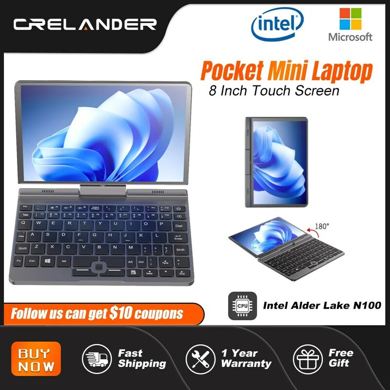 CRELANDER P8 Laptop Mini 8 inci layar sentuh berputar 360 derajat Intel Alder N100 12GB WiFi6 Notebook Tablet PC portabel Laptop