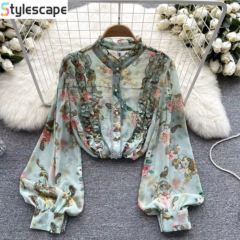 2024 New Women's Shirt with Large Flower Colorful Print Design and Lantern Sleeves Versatile Chiffon Top for Woman Mesh Top