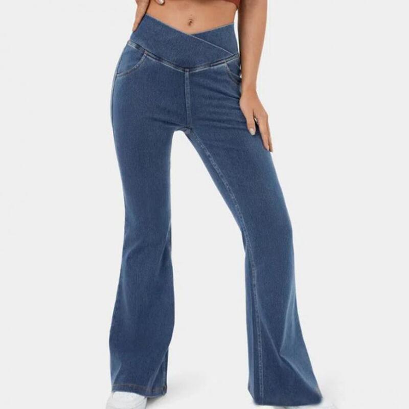 Damen sportliche Jeans Streetwear High Taille ausgestellte Jeans mit Bund lose gerade Jeans hose für Frauen modische Slim Fit