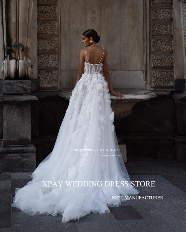 XPAY gaun pernikahan tali Spaghetti kekasih 2024 gaun pengantin tanpa lengan applique renda 3D gaun pengantin mewah punggung terbuka