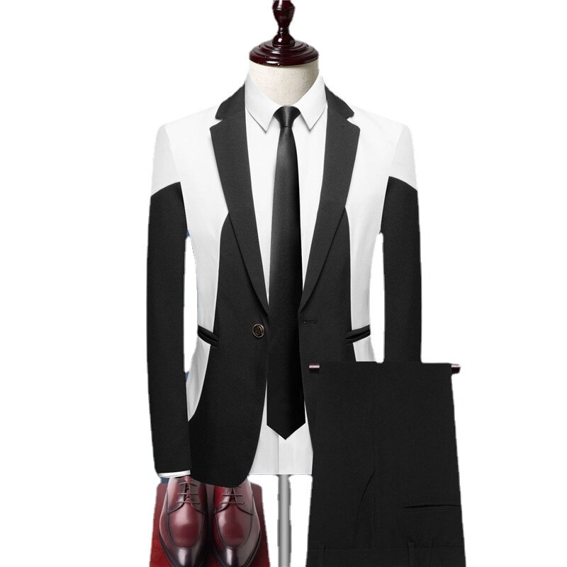 Moda splice terno 2 peça preto branco júnior dos homens de negócios casamento formatura festa social vestido conjunto masculino fino ajuste blazers e calças