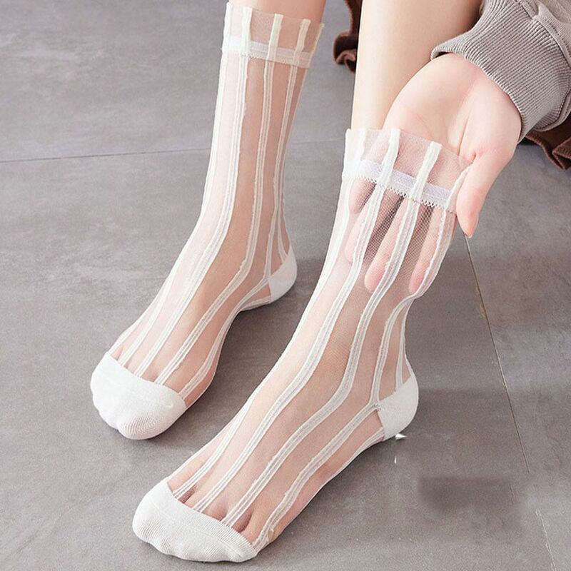 Meias de seda de malha transparente para fêmea, bonito e respirável, tubo médio, meias listradas, estilo japonês, verão