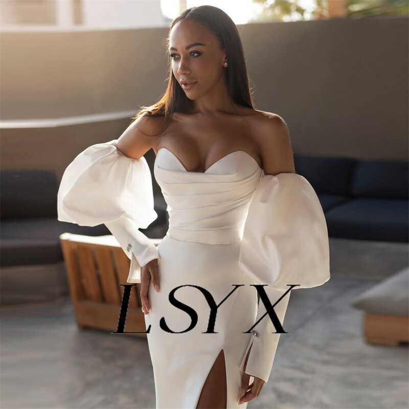 LSYX-vestido de novia de sirena con hombros descubiertos, prenda desmontable con mangas abullonadas, cremallera trasera, abertura alta, longitud hasta el suelo