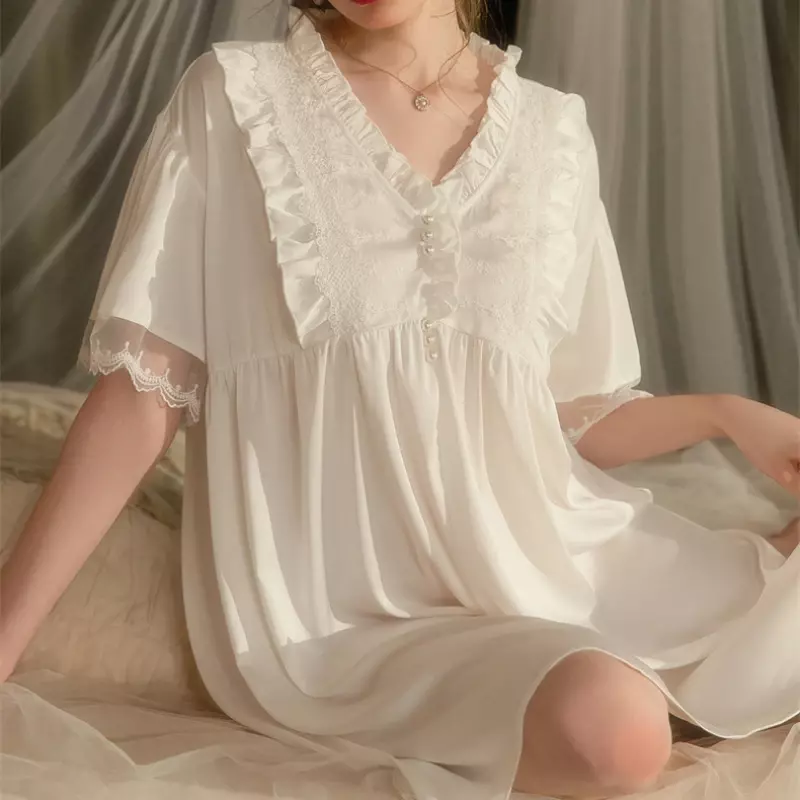 Seksowna letnia satynowa sukienka wieczorowa księżniczka bielizna nocna damska z lodowy jedwab dekoltem w szpic koszula nocna w jednolitym kolorze