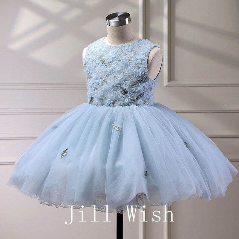 Jill Wens Elegante Dubai Hemelsblauwe Meisjesjurk Appliqueert Prinses Baby Kids Trouwfeest Prom Jurk Heilige Communie J236
