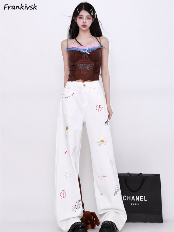 Pantalones rectos Kawaii para mujer, estilo coreano, ocio femenino, bordado Simple, dibujos animados, versátil, Popular, Primavera, encantador, Universidad
