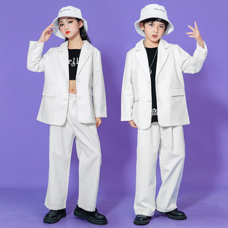 Hip-hopowe chłopięce garnitur w jednolitym kolorze stroje dziewczęce luźne marynarki taniec uliczny spodnie zestawy ubrań dla dzieci Streetwear dziecięce kostiumy jazzowe