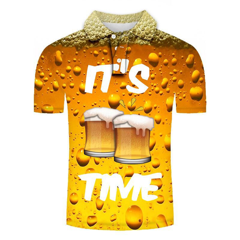Polo con estampado 3D de cerveza para hombre, abotonado camisa con cuello, informal, de gran tamaño, de manga corta, ropa de tendencia
