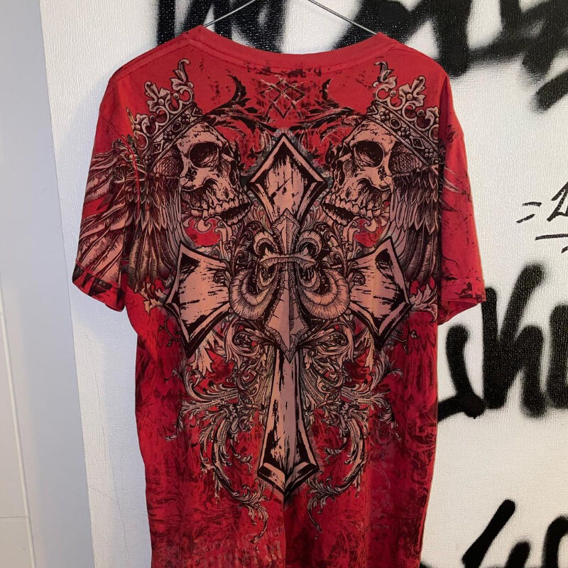 Harajuku hip-hop red skull print girocollo t-shirt oversize a maniche corte gothic dark style street style t-shirt versatile