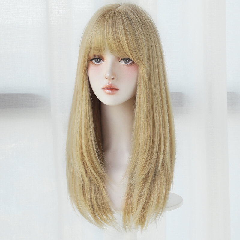 7JHH WIGS Heat Resistant Synthetic Straight Blonde Wigs with Curtain Bangs High Density Layered Hair Wig for Women Lolita Wigs