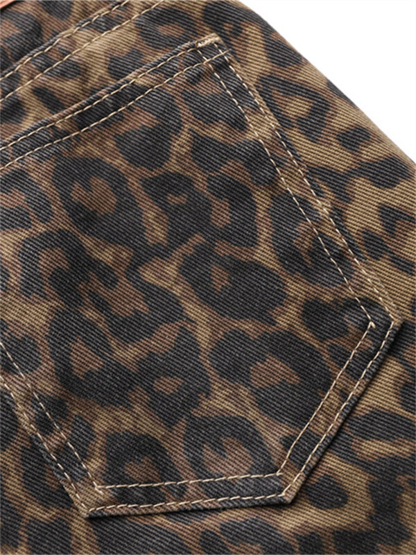 Jeans feminino com estampa leopardo de cintura alta, estilo coreano, perna larga, calças jeans, streetwear, moda retrô, Y2K, 2024