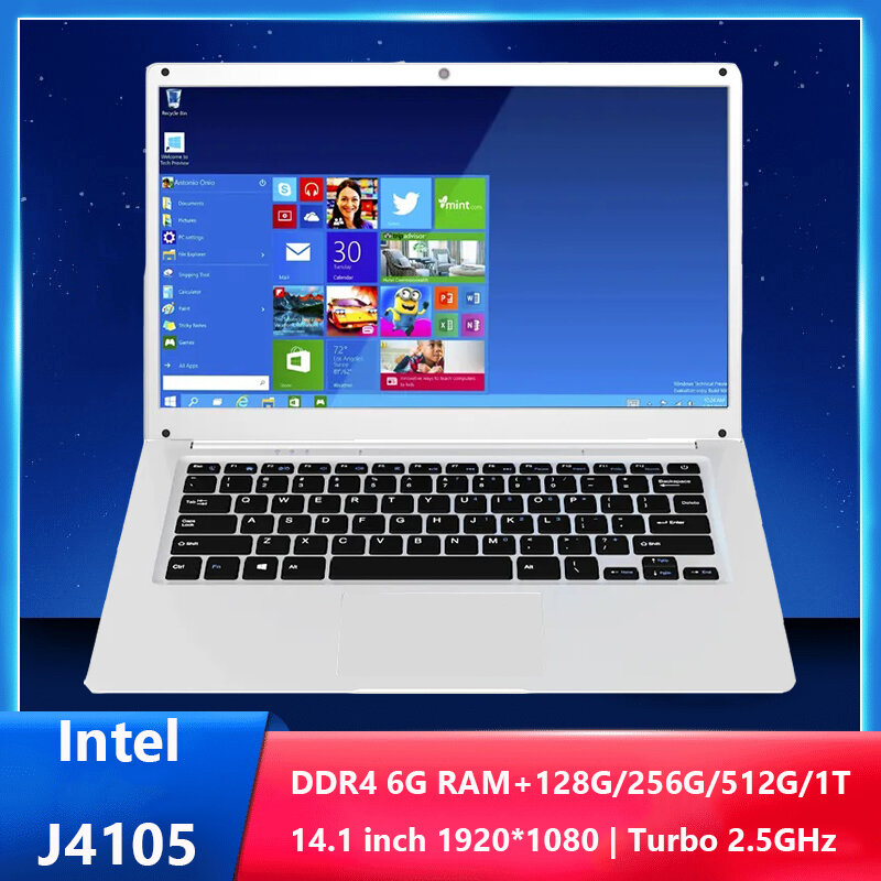 Mini portátil Intel Celeron J4105 de 14,1 pulgadas, 6GB de RAM, DDR4, Win 10 Pro, 128G/256G/512G/1TB, ultradelgado, barato, para estudiantes de negocios
