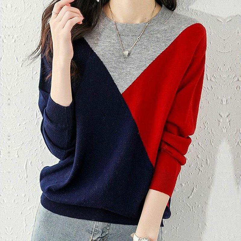 Женский винтажный свитер контрастных цветов, универсальный свободный свитер в Корейском стиле с длинными рукавами и круглым вырезом для осени и зимы