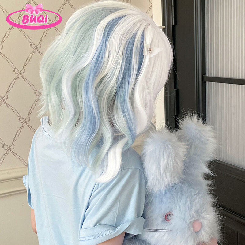BUQI Wavy Synthetic Wig With Bangs Short Bob Candy Colors Wigs Curly Wavy Shoulder Length Cosplay Wig Daily Colorful Wig