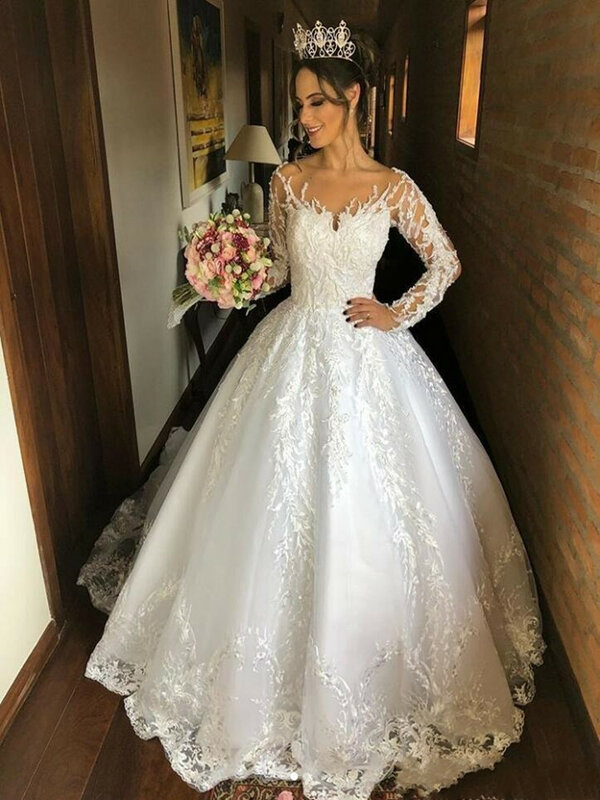 Gaun pengantin ukuran besar, gaun pengantin ilusi Afrika Satin kereta Lapangan gaun pernikahan, gaun pengantin renda applique leher sendok kecantikan