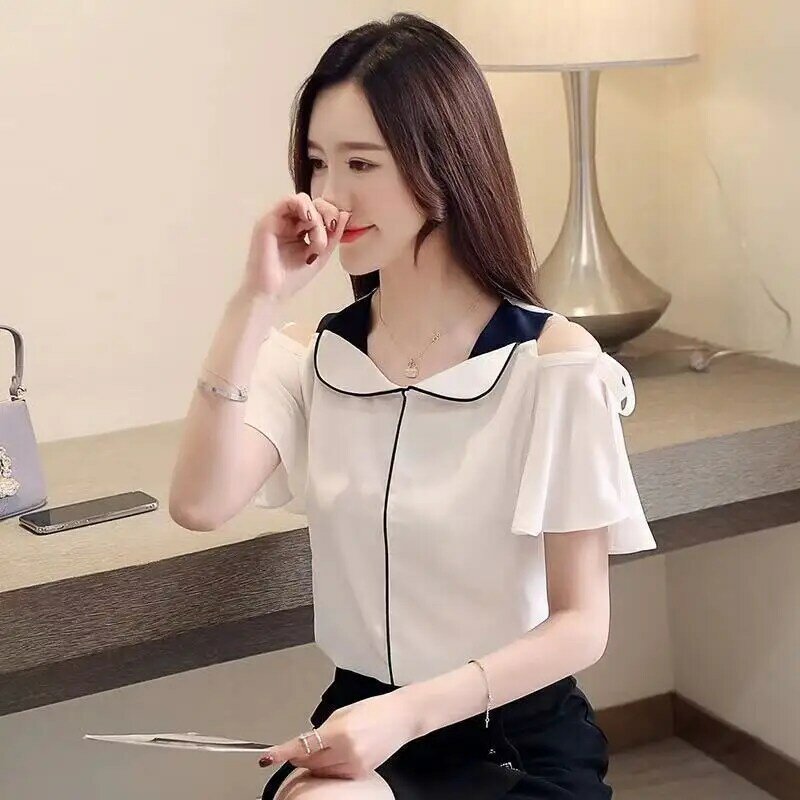 Elegante Mode Harajuku Slim Fit weibliche Kleidung lässig alle Match Tops Frauen Patchwork Einsatz koreanische Version Kurzarm Blusa