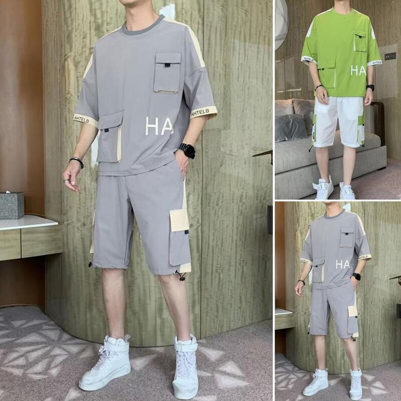 Casual Sports Design Clothing Men's Summer Sport Outfit with O-neck T-shirt Wide Leg Shorts Set Elastic Drawstring Waist
