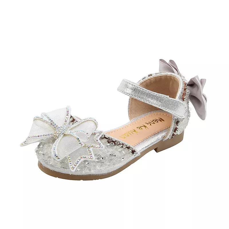 Sandalias con lazo de diamantes de imitación para niñas, zapatos de princesa, planos, a la moda, para actuaciones de baile, novedad de verano 2024