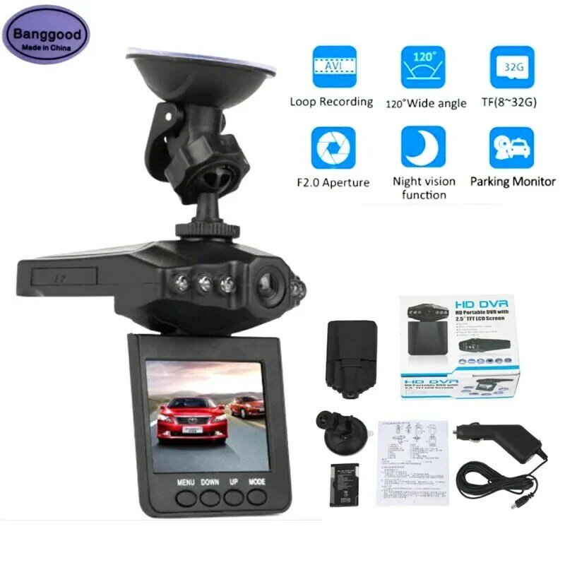 Clássico Car Dash Cam com tela LCD, DVR frontal, câmera gravador de vídeo, visão noturna rotativa, FHD, vídeo, 2,5 polegadas, TFT, 6 IR, LED, H198